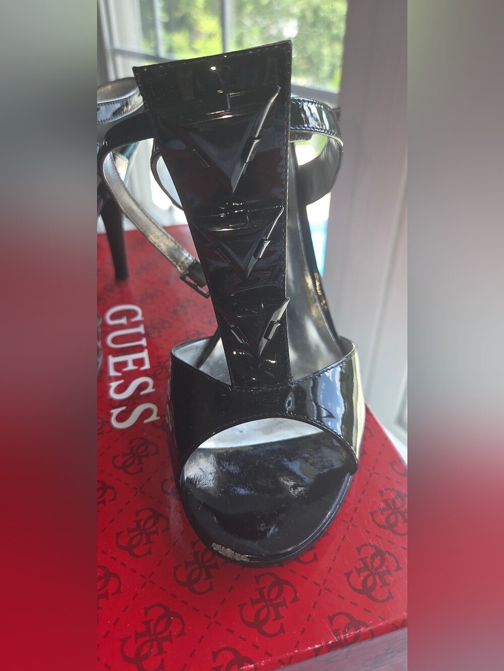 Guess Black Patent T-Strap Platform Heels